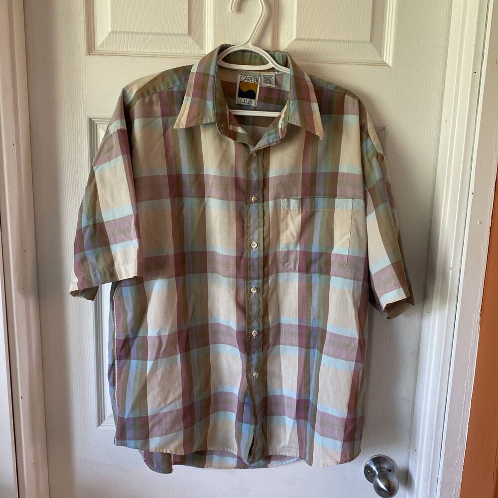 Career Club Shirt Men’s Size Large Plaid Short Sleeve Button Up Vintage USA